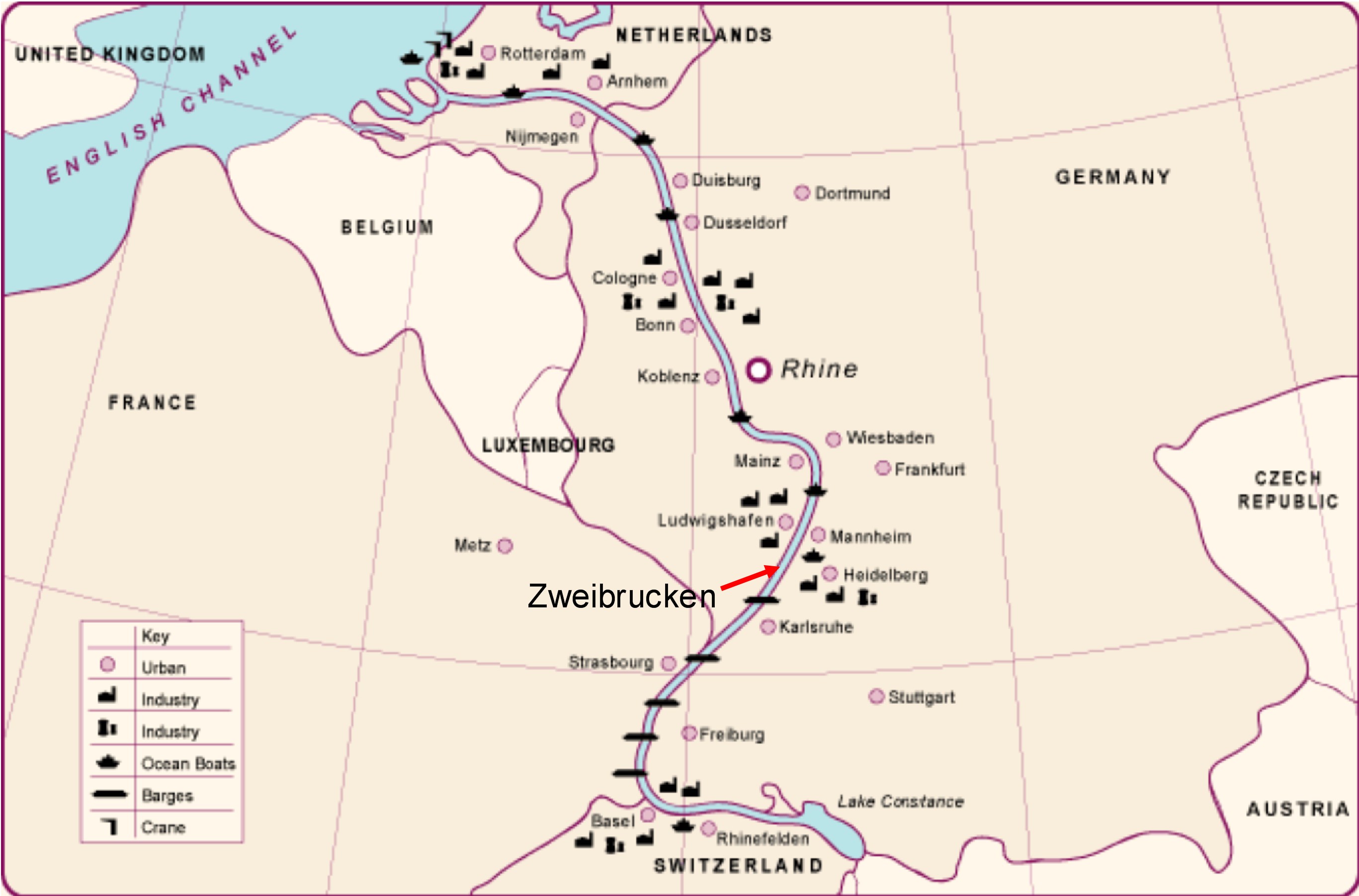 Route following the Rhine River