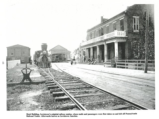 Hotel Building, Lewistown's original railway station, where mails and passengers were first taken on and left off Pennsylvania Railroad Trains. Afterwards known as Lewistown Junction.