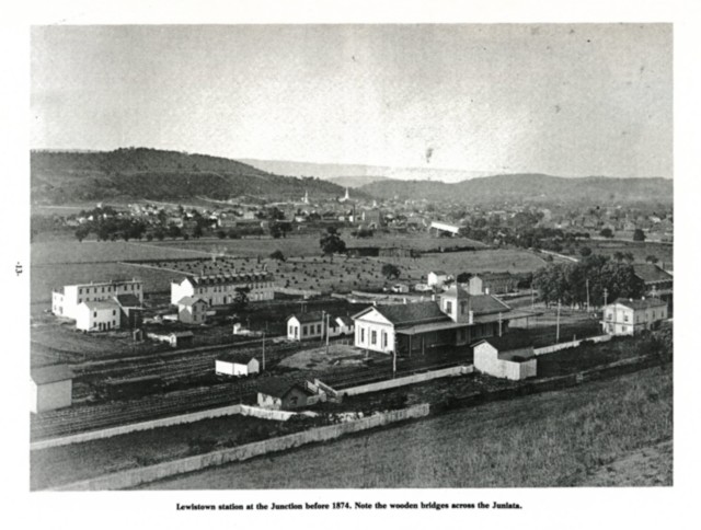 Lewistown station at the Junction before 1874. Note the wooden bridges across the Juniata.