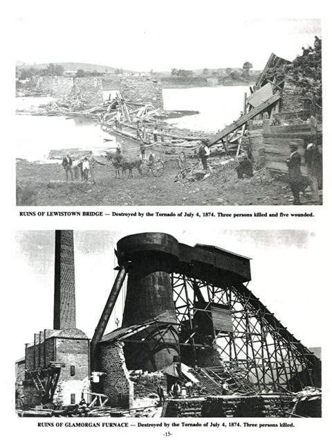 Top: Ruins of Lewistown Bridge- Destroyed by the Tornado of July 4, 1874. Three persons killed and five wounded. 
Bottom: Ruins of Glamorgan Furnace- Destroyed by the Tornado of July 4, 1874. Three persons killed.