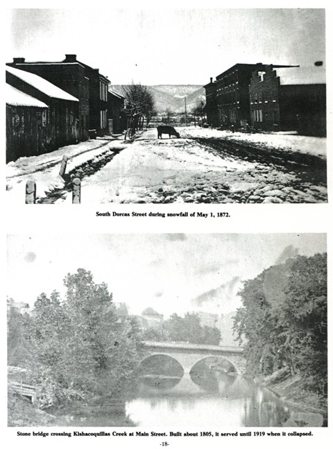 Top: South Dorcas Street during snowfall of May 1, 1872. 
Bottom: Stone bridge crossing Kishacoquillas Creek at Main Street. Built about 1805, it served until 1919 when it collapsed.