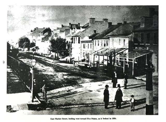 East Market Street, looking west toward Five Points, as it looked in 1886.