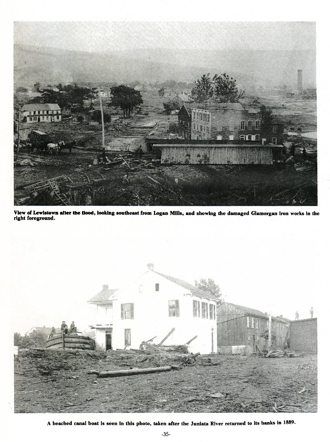 Top: View of Lewistown after the flood, looking southeast from Logan Mills, 
and showing the damaged Glasmorgan Iron Works in the right foreground.
Bottom: A beached canal boat is seen in this photo, taken after the Juniata River returned to its banks in 1889.