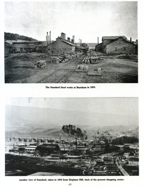 Top: The Standard Steel works at Burnham in 1893.
Bottom: Another view of Sandard, taken in 1894 from Elephant Hill, back of the present shopping center.