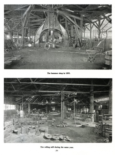 Top: The hammer shop in 1893.  Bottom: Tire rolling mill during the same year.