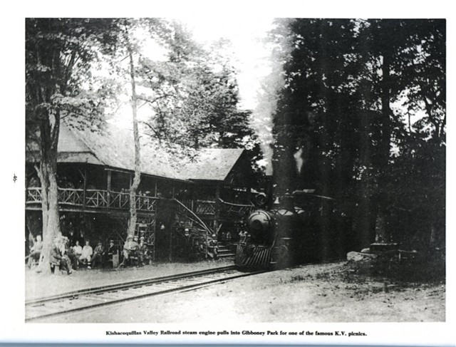 Kishacoquillas Valley Railroad steam engine pulls into Gibboney park for one of the famous K. V. picnics.
