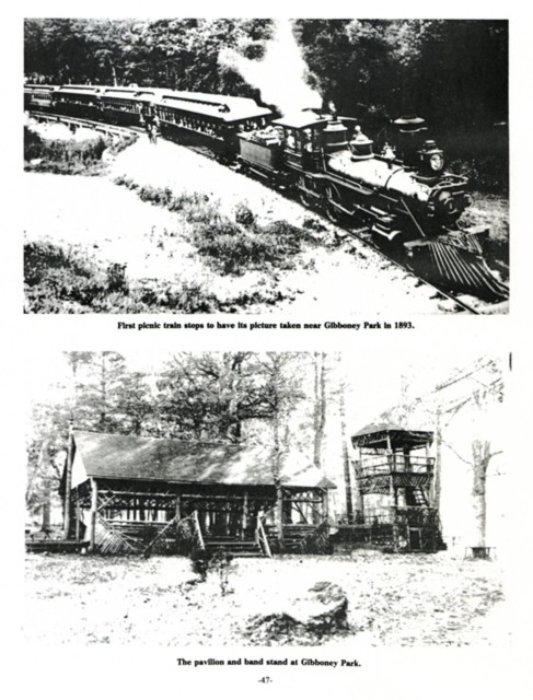 Top: First picnic train stops to have its picture taken near Gibboney Park in 1893.
Bottom: The pavillion and band stand at Gibboney Park.