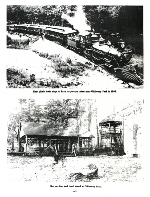 Top: First picnic train stops to have its picture taken near Gibboney Park in 1893.
Bottom: The pavillion and band stand at Gibboney Park.