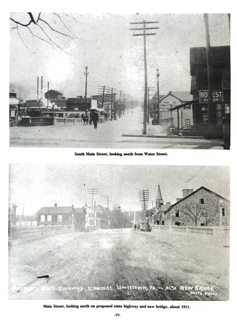 Top: South Main Street, looking south from Water Street.  
Bottom: Main Street, looking north on proposed state highway and new bridge, about 1911.