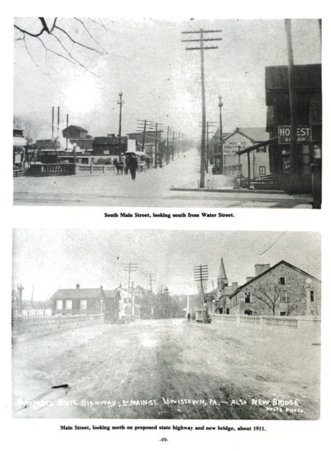 Top: South Main Street, looking south from Water Street.  
Bottom: Main Street, looking north on proposed state highway and new bridge, about 1911.