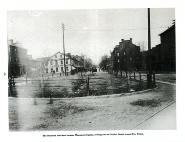 The Diamond that later became Monument Square, looking east on Market Street toward Five Points.