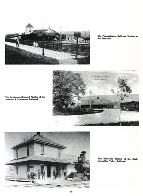 Top: The Pennsylvania Railroad Station at the Junction.
Middle: The Lewistown Borough Station of the Sunbury and Lewistown Railroad.
Bottom: The Belleville Station of the Kishacoquillas Valley Railroad.
