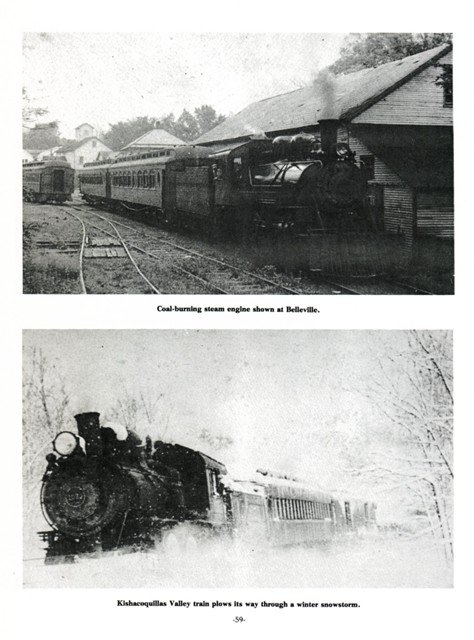 Top: Coal-burning steam engine shown at Belleville.
Bottom: Kishacoquillas Valley train plows its way through a winter snowstorm.