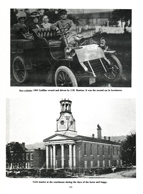 Top: One-cylinder 1903 Cadillac owned and driven by J. M. Bratton. It was the second car in Lewistown.
Bottom: Curb market at the courthouse during the days of the horse and buggy.