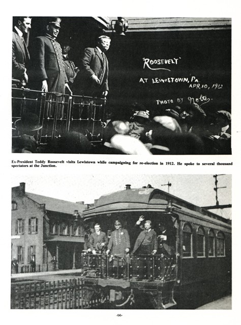 Ex-President Teddy Roosevelt visits Lewistown while campaigning for re-election in 1912.
He spoke to several thousand spectators at the Junction.