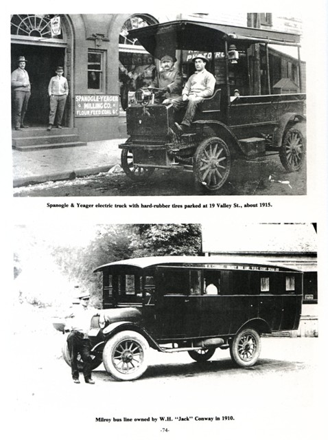 Spanolgle & Yeager electric truck with hard-rubber tires parked at 19 Valley St., about 1915.
Bottom: Milroy bus line owned by W.H. 'Jack' Conway in 1910.