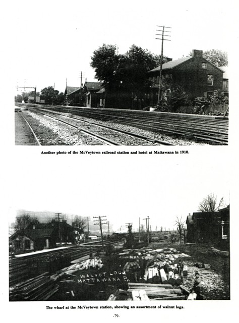 Top: Another photo of the McVeytown railroad station and hotel at Mattawana in 1910.
Bottom: the wharf at the McVeytown station, showing an assortment of walnut logs.