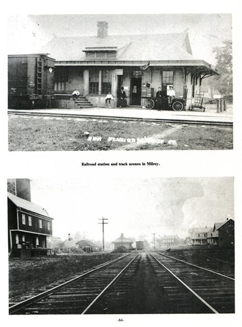 Railroad station and track scenes in Milroy.