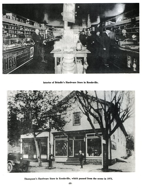 Top: Interior of Brindle's Hardware Store in Reedsville.
Bottom: Thompson's Hardware Store in Reedsville, which passed from the scene in 1975.
