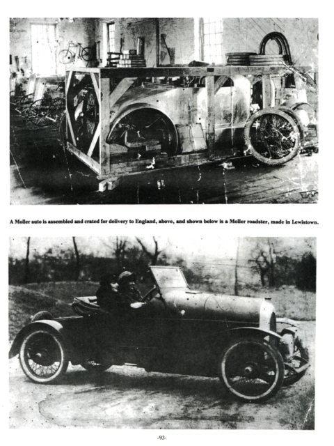 A Moller auto is assembled and crated for delivery to England.  
Bottom: The Moller Roadster, made in Lewistown.