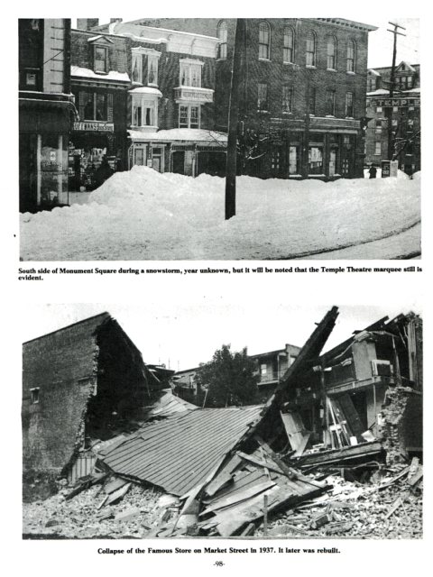 Top: South side of Monument Square during a snowstorm, 
year unknown, but it will be notedthat the Temple Theatre marquee still is evident.
Bottom: Collapse fo the Famous Store on Market Street in 1937.  It later was rebuilt.