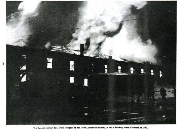 The famous tannery fire. Once occupied by the North American tannery,
it was a hatchery when it burned in 1950.