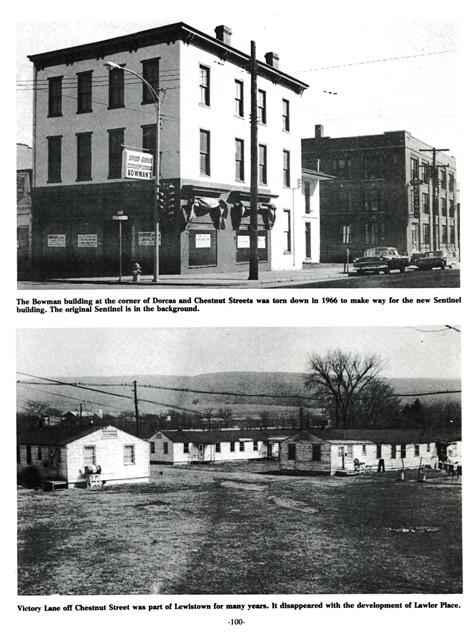 The Bowman building at the corner of Dorcas and Chestnut Streets was torn down in 1966 to make
way for the new Sentinel building.  The original Sentinel is in the background.