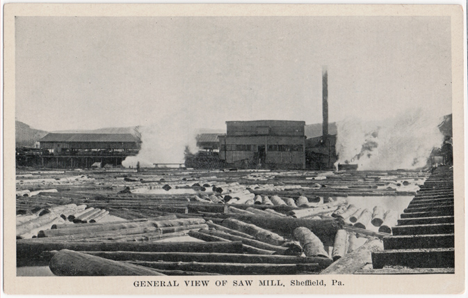 Postcard of lumber industry in Sheffield township
