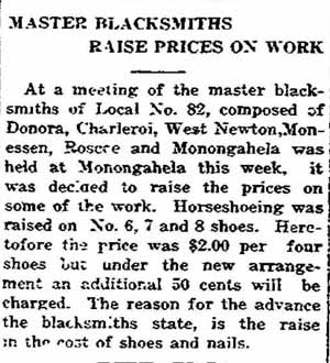 Charleroi Mail newspaper from May 12, 1916, Blacksmiths article