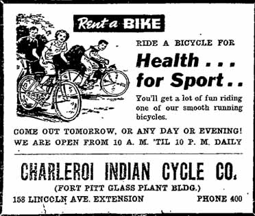 1939 Charleroi Indian Cycle Co., Lincoln Ave. Ext. CHARLEROI PA