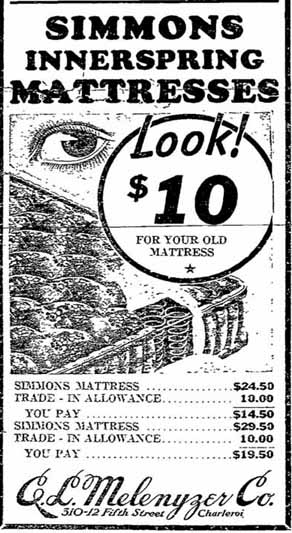 1939 ad for C. L. Melenyzer Co. 5th Street, Charleroi PA