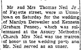 Wedding of Kenneth Graham PENNEY to Marilyn DETWEILER January 1957