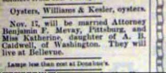 Marriage Notice of Benjamin F. Mevay* and Miss Katherine Caldwell 1898