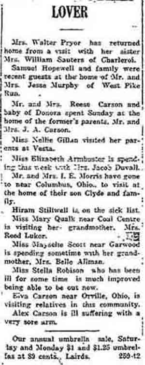 Newspaper article from the Charleroi Mail Newspaper, Charleroi PA Local Glances May 16, 1914