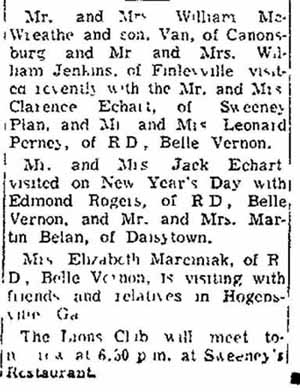 From The Monessen Daily Independent, News Items Monessen area, Jan 2, 1957