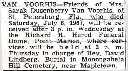 Funeral Notice of Mrs. Sarah Dusenberry Van Voorhis of St 
      Petersburg Florida