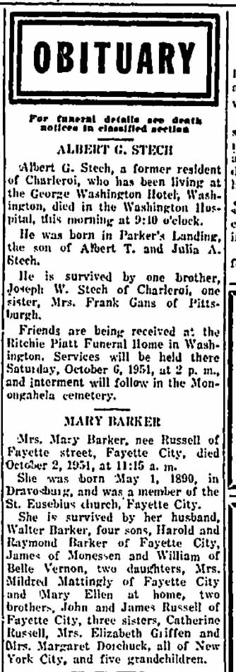 Obituaries of Albert G. Stech and Mary Russell Barker