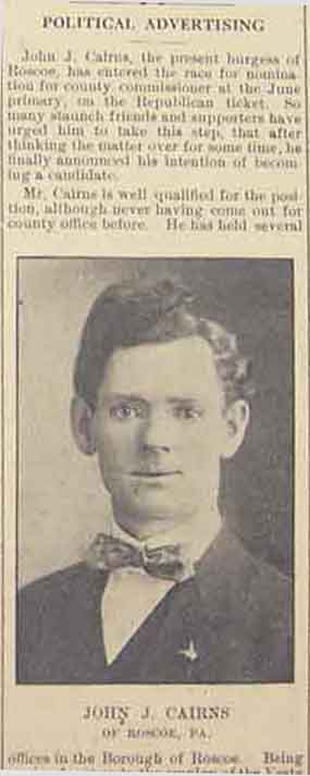 John J. CARINS 1911 Roscoe, Washington Co PA