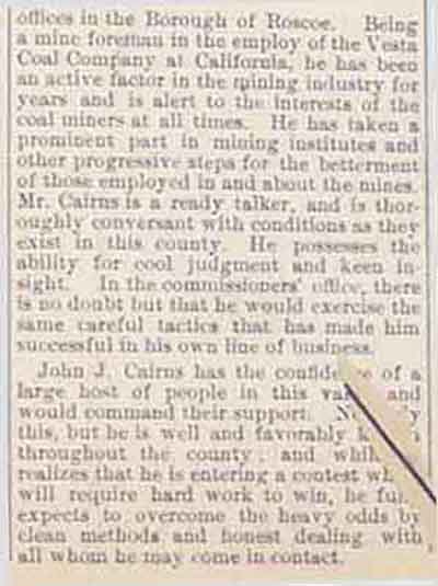 John J. CARINS 1911 Roscoe, Washington Co PA