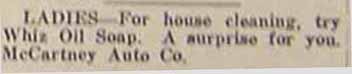Advertisement placed by McCARTNEY Auto Co., Whiz Oil Soap