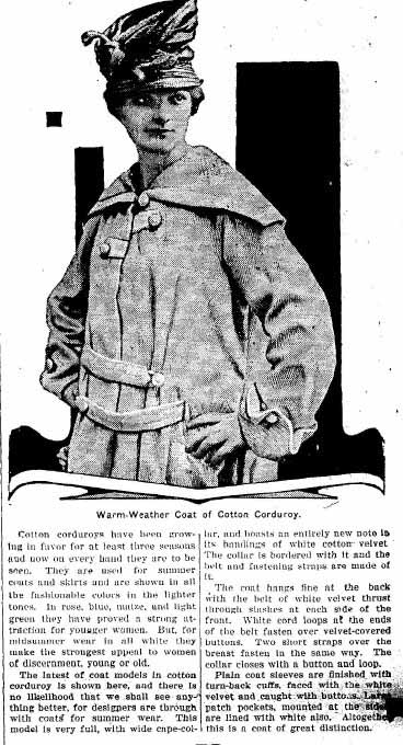 1916 Fashion Warm-Weather Coat of Cotton Corduroy