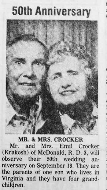 Newspaper Photo of  Mr. and Mrs. Emil CROCKER (KRAKOSH) of McDonald Pa 50th wedding anniversary
