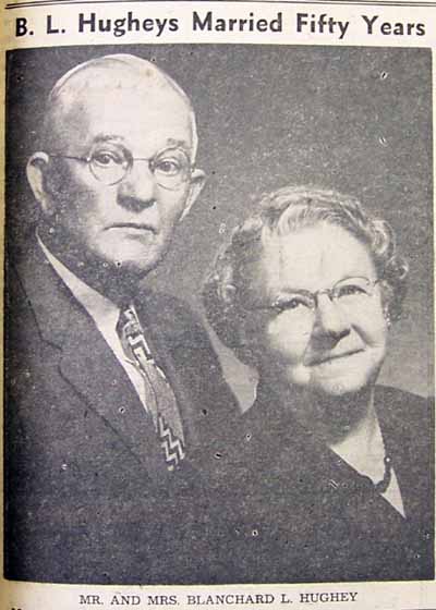 Newspaper photo of Mr. and Mrs. Blanchard Lea HUGHEY, golden wedding anniversary Wednesday, August 28,1957