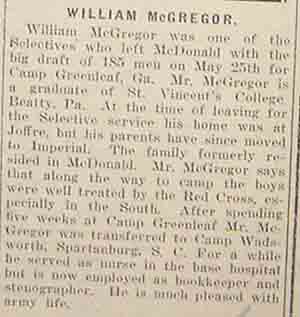 William McGREGOR 1918, nurse, articlr
