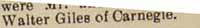 Partial newspaper article 1908 about Mr. and (Mrs).... Walter GILES of Carnegie PA