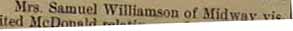 Partial newspaper article about Mrs. Samuel WILLIAMSON of Midway PA 1914