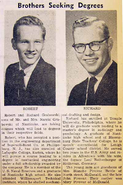 1957 newspaper article Richard Grabowski and Robert Grabowski, brothers