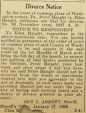 Divorce Notice for Peter HAUGHT from Edna HAUGHT