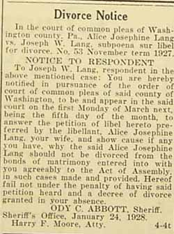 Divorce subpoena Joseph W. LANG and Josephine LANG