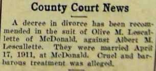 Divorce Notice for Olive M. LESCALLETTE of McDonald from Albert M. LESCALLETTE